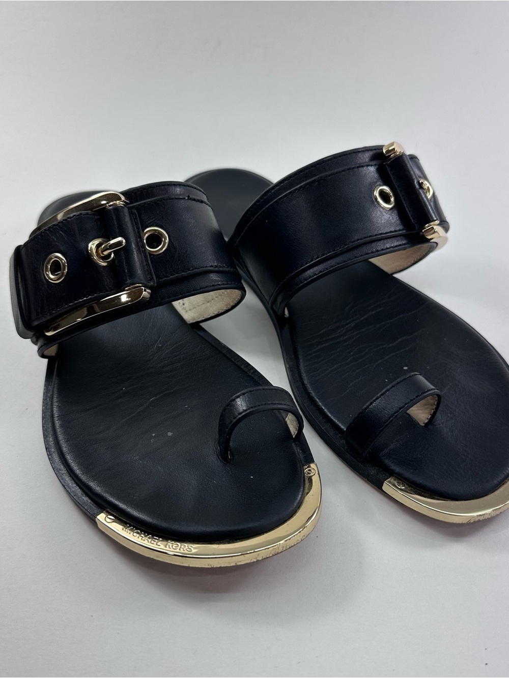 MICHAEL Michael Kors Black Leather Buckle Toe-Ring Slides with Gold Trim